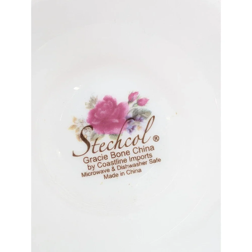 Stechcol Gracie Bone China Vintage White Floral Berries Roses Teacups Set of 2